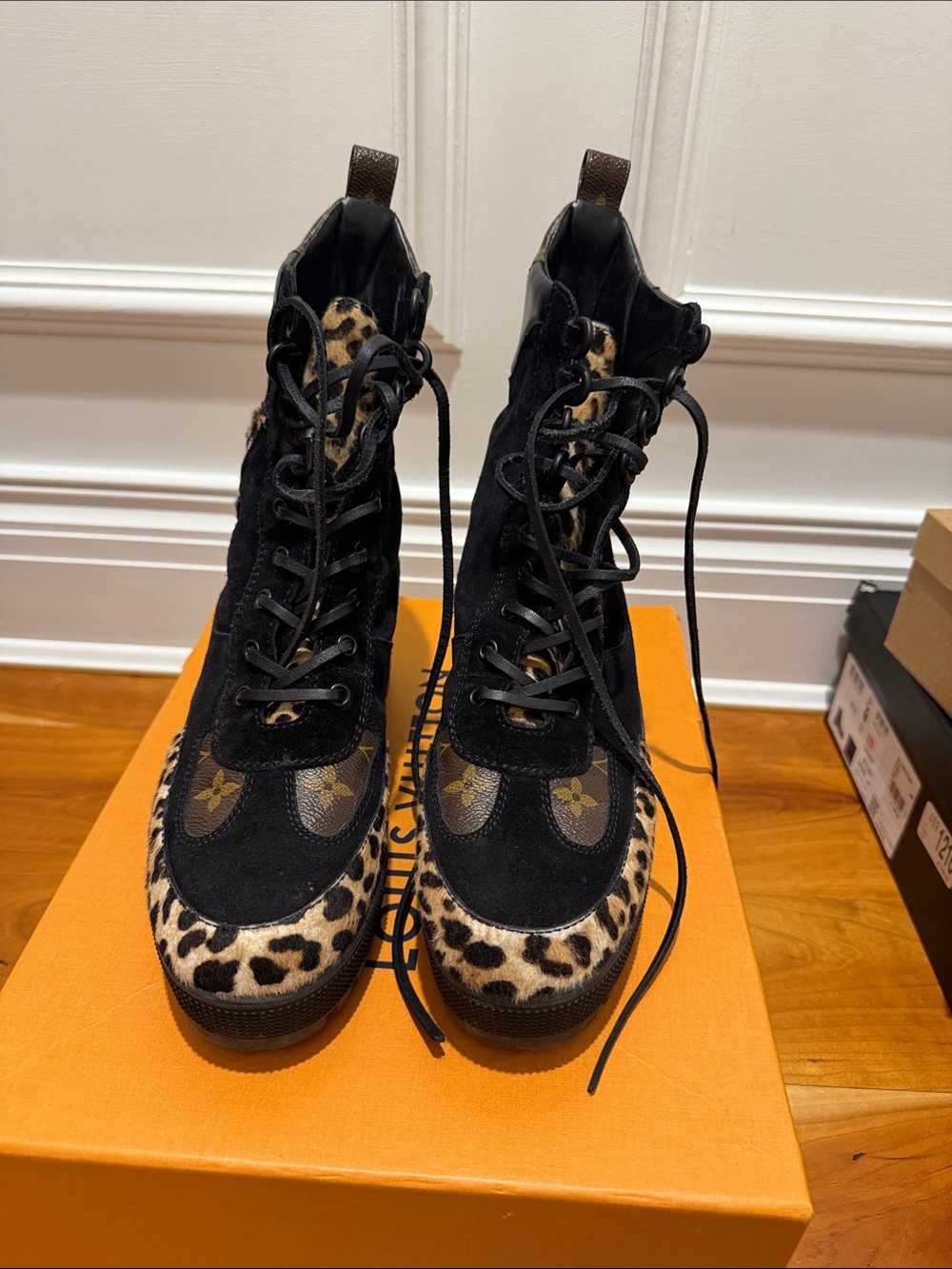 Louis Vuitton Black and Leopard Lace-Up Ankle Boots